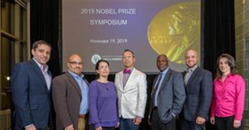 Speaking at the 2019 Nobel Symposium are (from left) Jim Berry, A. Timothy Spaulding, Sarah Dodson-Robinson, Viet Dinh, Wunyabari Maloba, Eric Bloch and Ramona Neunuebel.